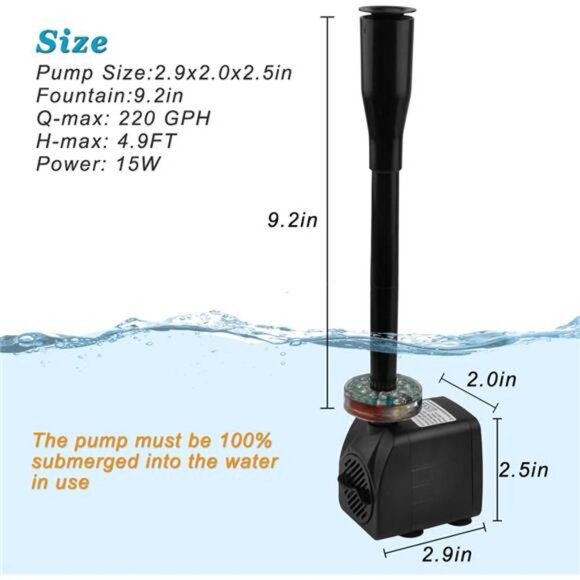 15W 220 Submersible Fountain Pump LED Light, Ultra Quiet Adjustable Water Pump - Picture 6 of 7